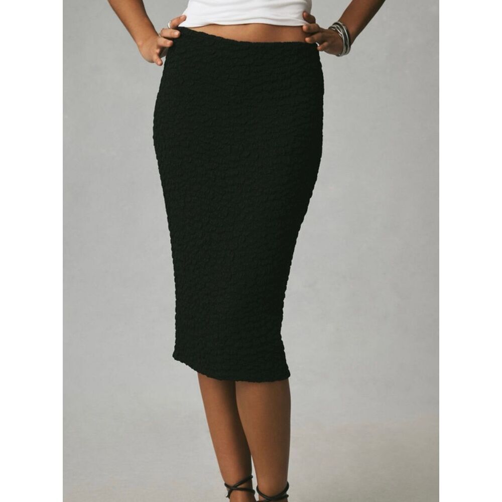 Maeve Puckered Knit Pencil Midi Skirt Black Textured Stretch Size M Anthropologi